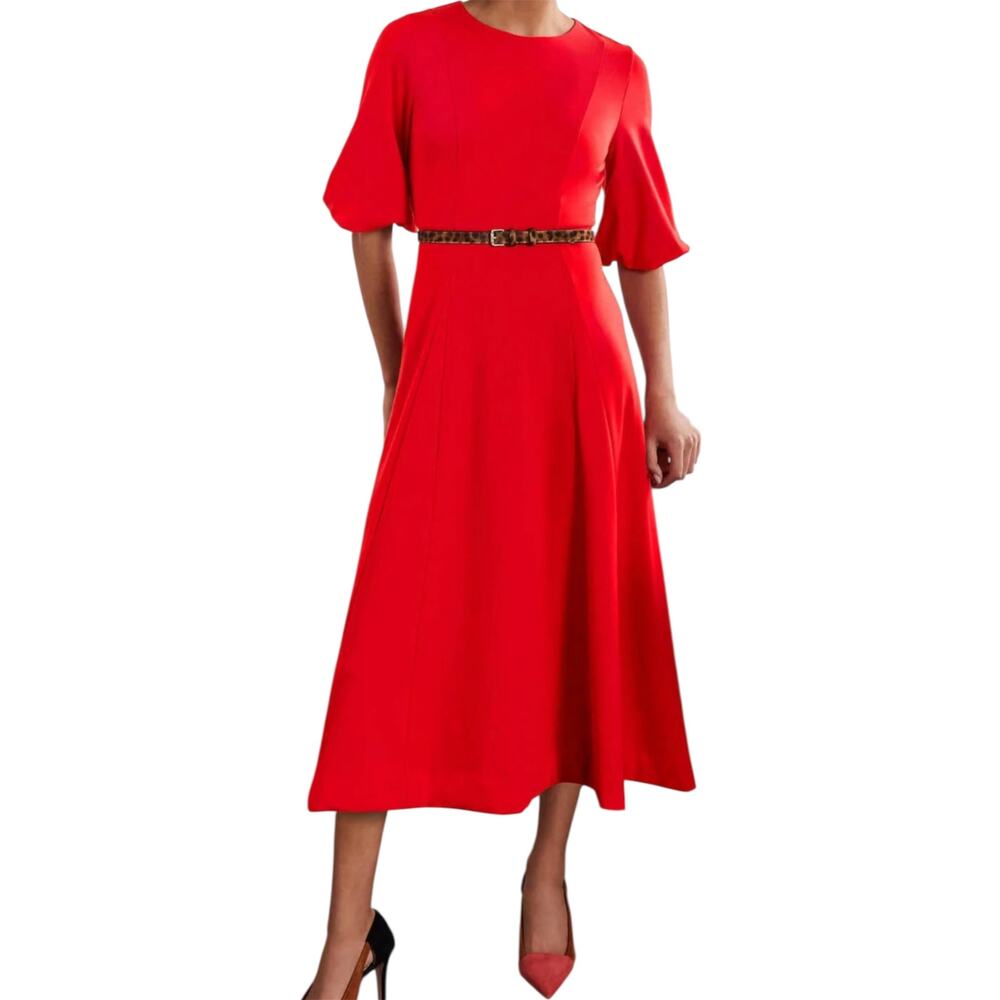 Boden Fit & Flare Midi Dress Puff Sleeve Crewneck Flowy Pockets Red 10P